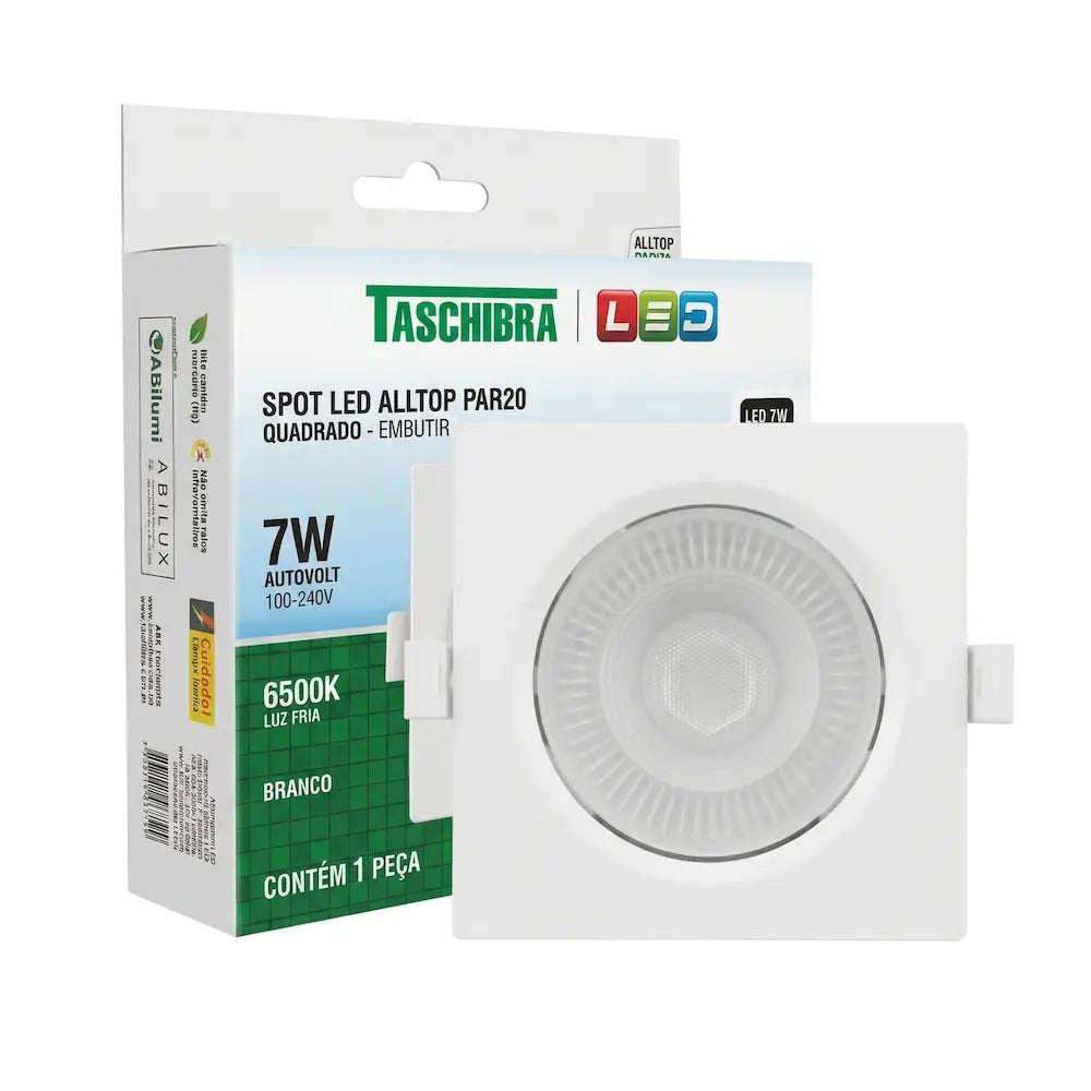 Kit Spot LED Embutir Quadrado Taschibra PAR20 7W 6500K Branco Bivolt – Luz Fria