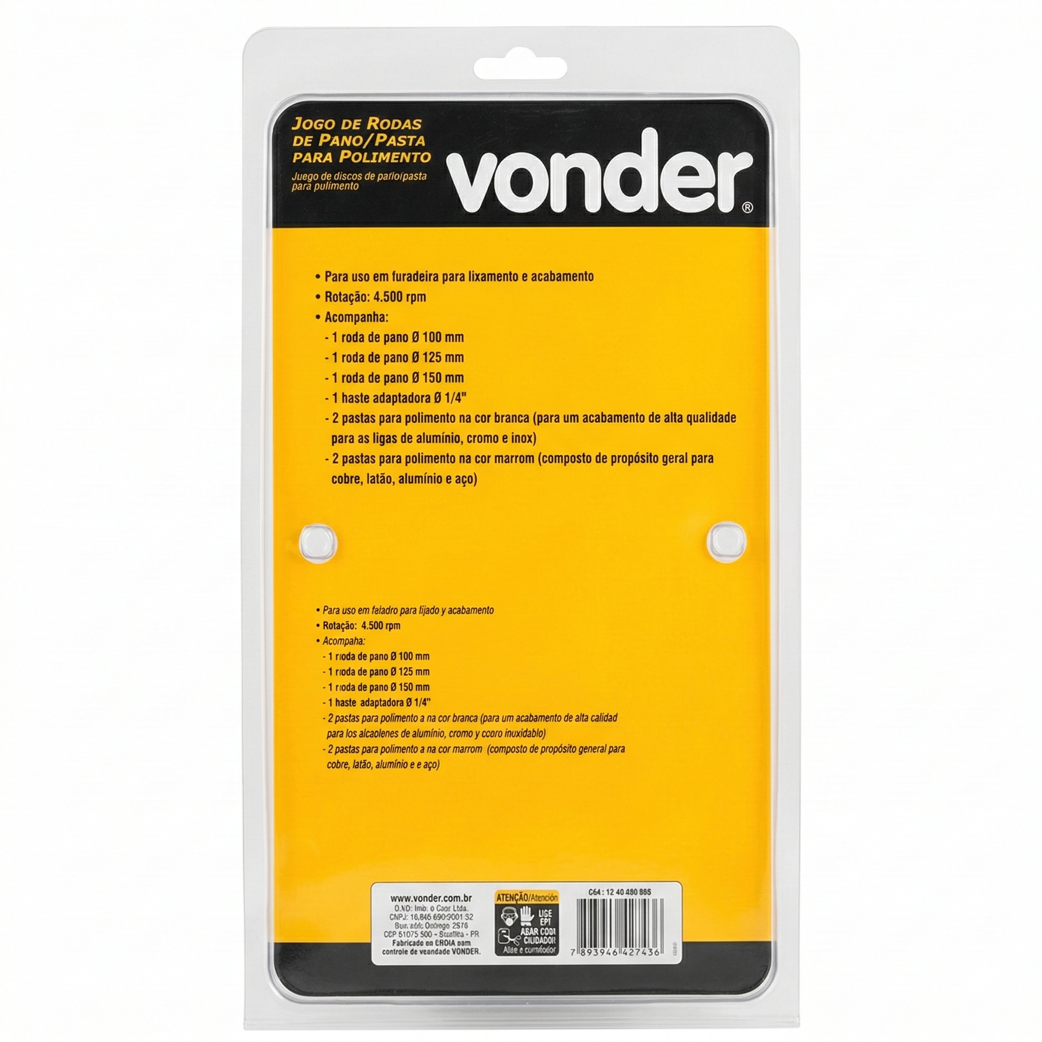Kit Polimento Vonder 8 Peças com Rodas de Pano e Pastas - Adaptador 1/4" para Furadeira