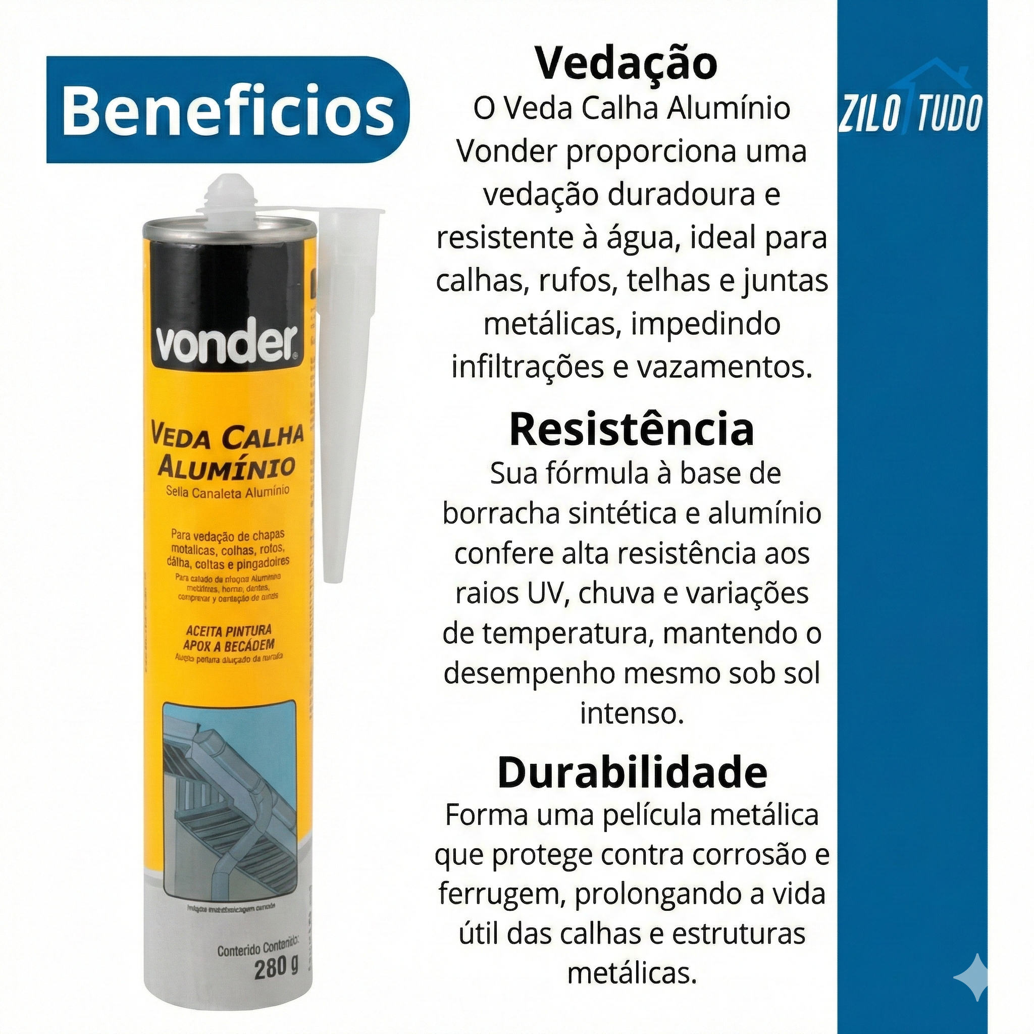 Veda Calha Alumínio Vonder 280g – Vedante Impermeabilizante para Telhados e Calhas