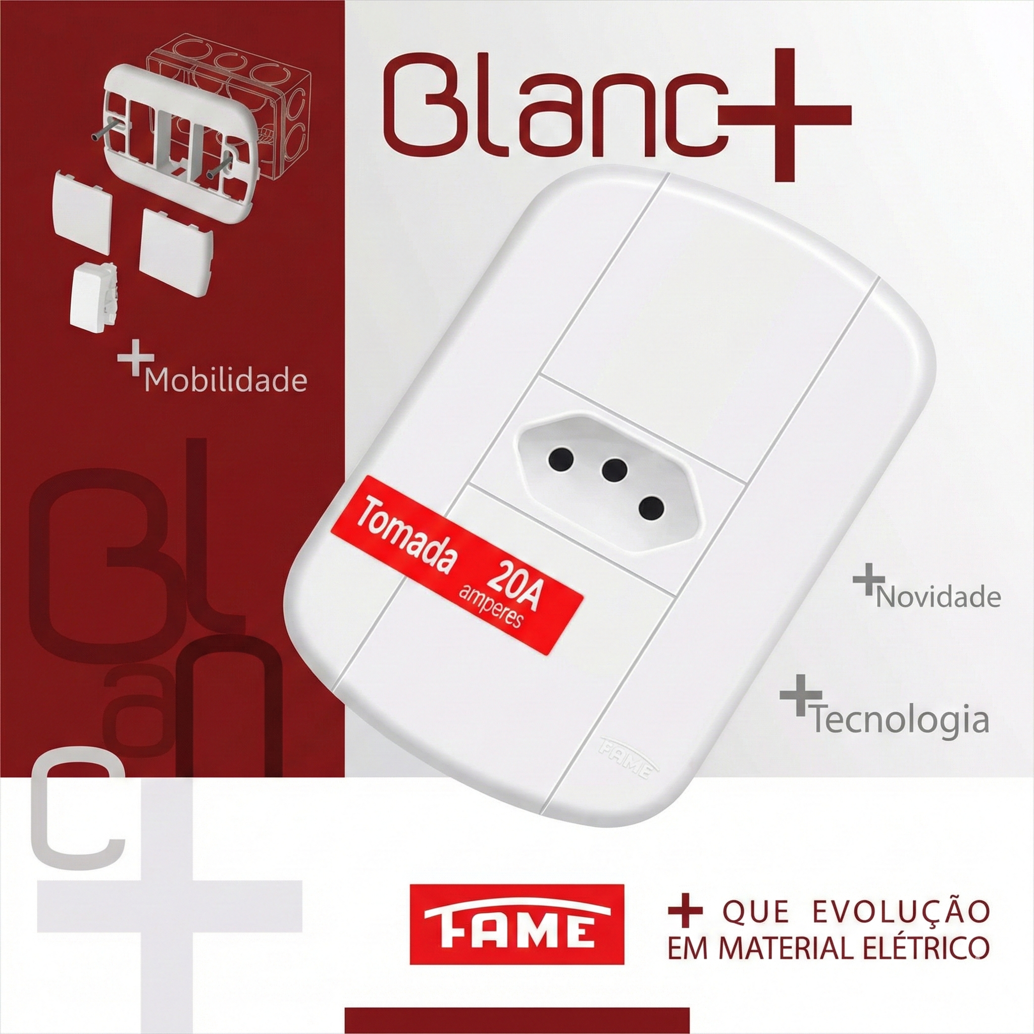 Tomada FAME Blanc+ 20A 250V Completa 4x2 - Padrão 3 Pinos (2P+T) - Placa Branca com Suporte
