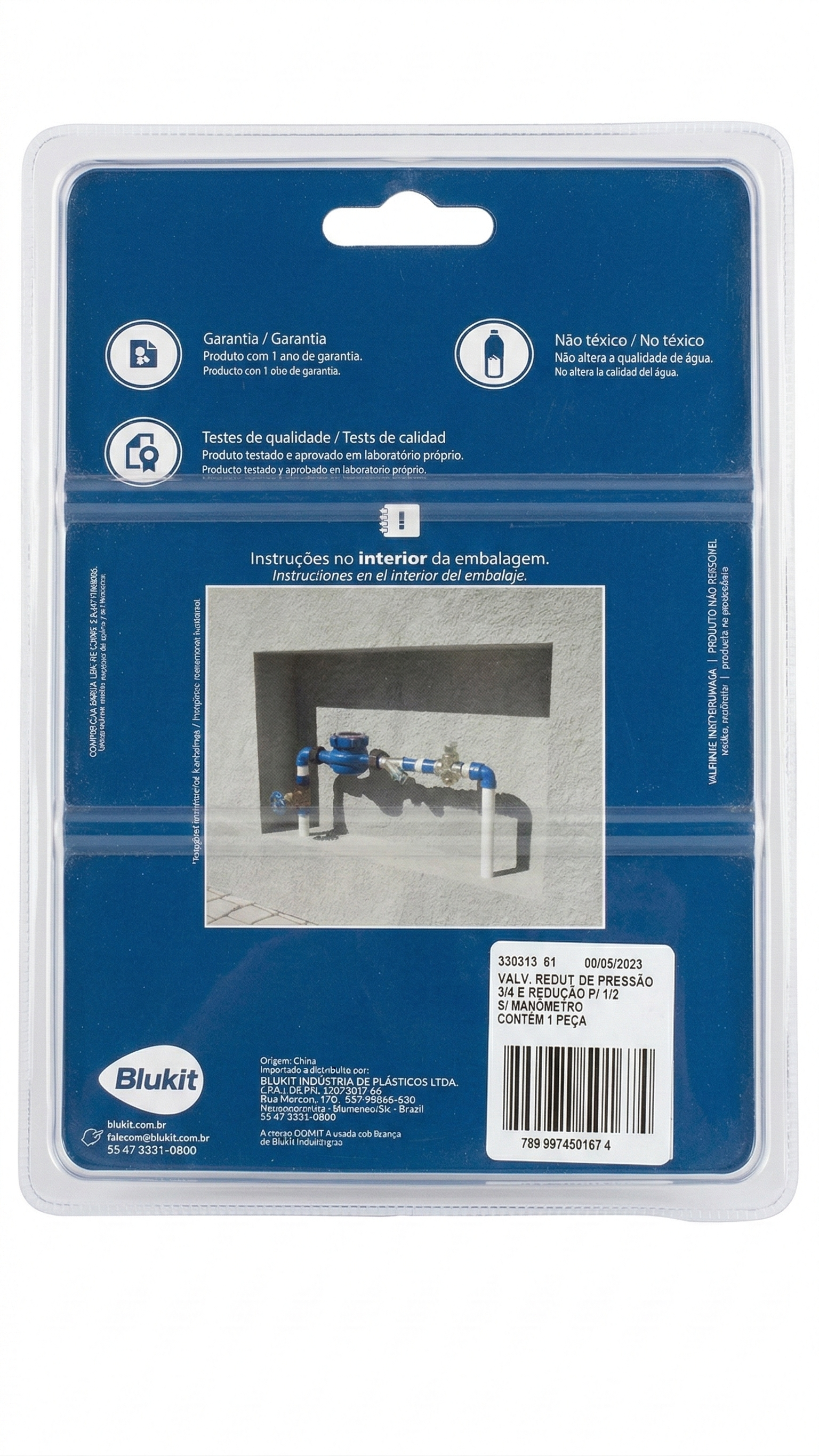 Válvula Redutora de Pressão Blukit 3/4" com Redução para 1/2" - Sem Manômetro