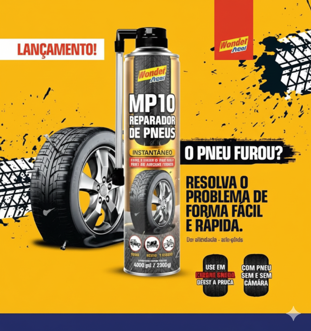 Reparador de Pneu Spray MP10 400ml Mundial Prime Instantâneo Carro Moto Bike
