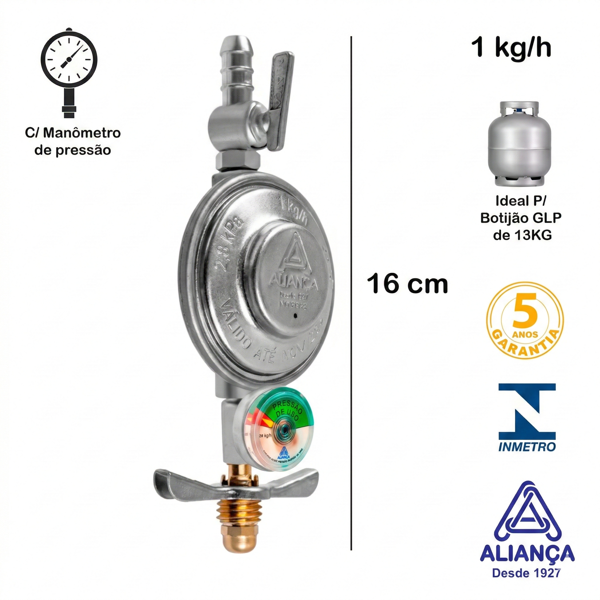Regulador de Gás GLP Aliança 504/01 com Manômetro (Indicador de Pressão) 1kg/h Doméstico - Original