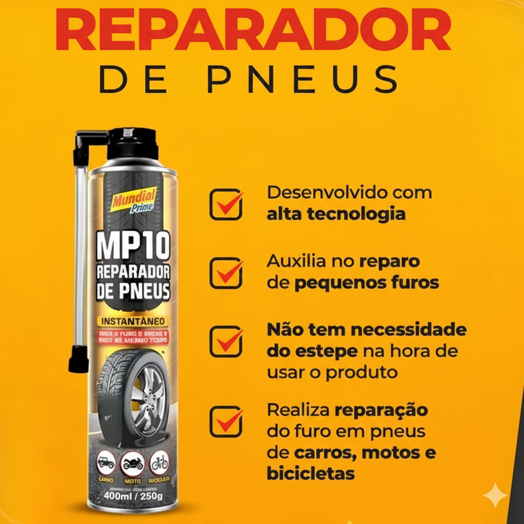 Reparador de Pneu Spray MP10 400ml Mundial Prime Instantâneo Carro Moto Bike