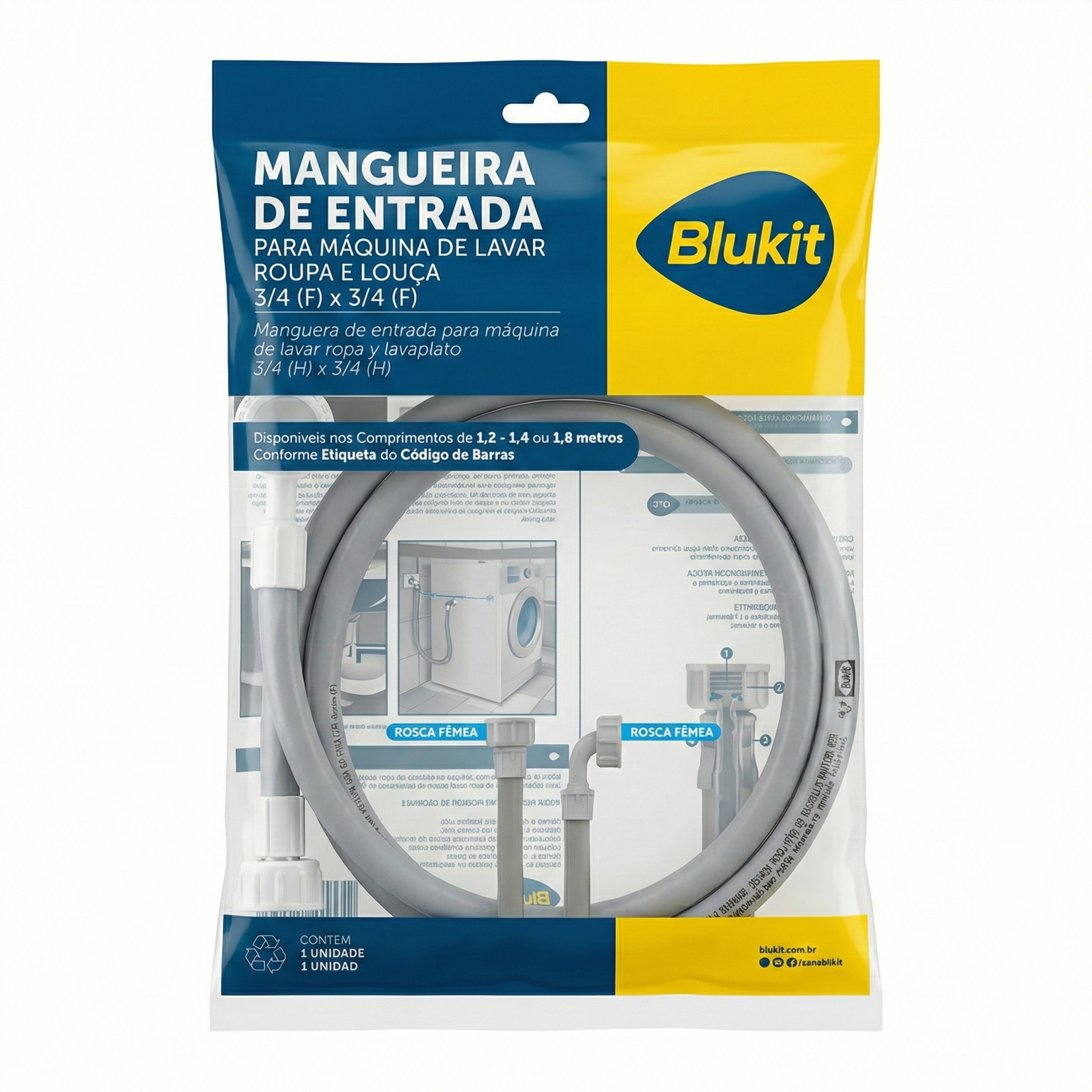 Mangueira de Entrada de Água para Máquina de Lavar e Lava-Louças 1,40m Blukit