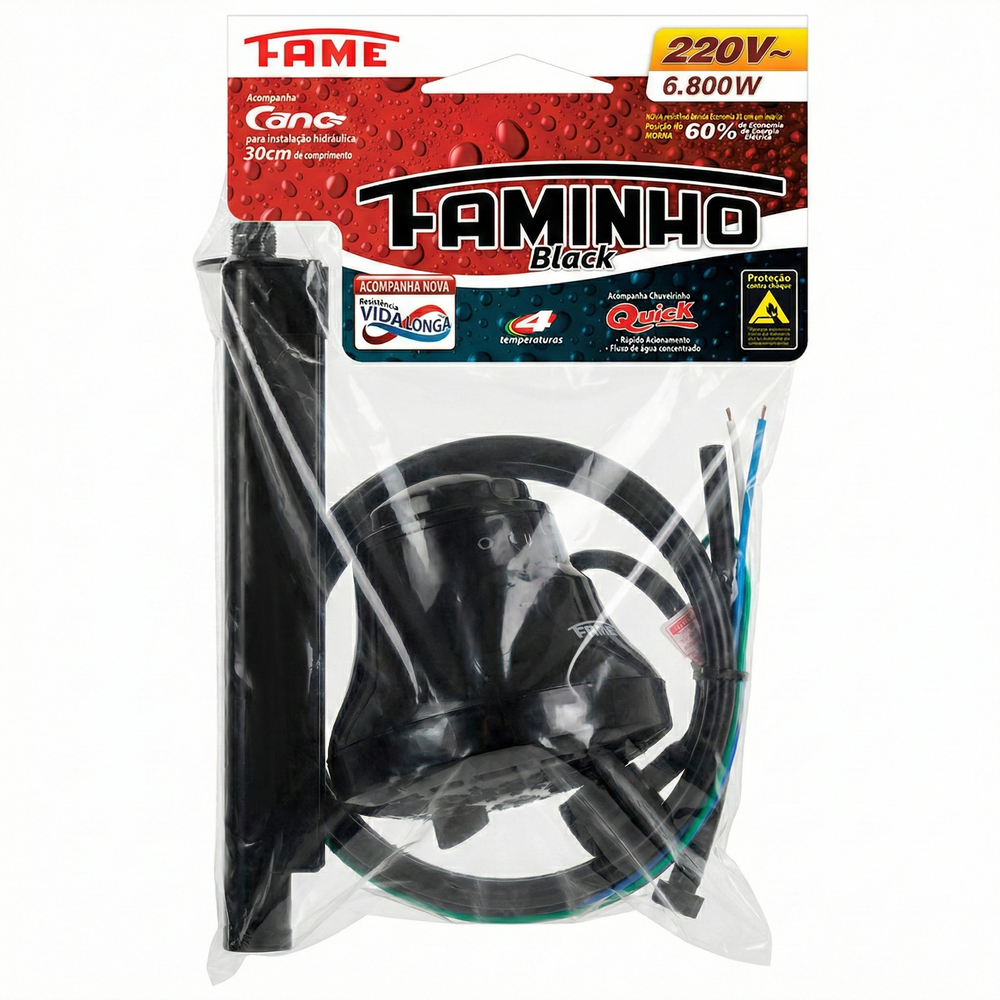 Ducha Elétrica Faminho Black 4T Fame 127V 5400W - Com Braço 30cm - 4 Temperaturas