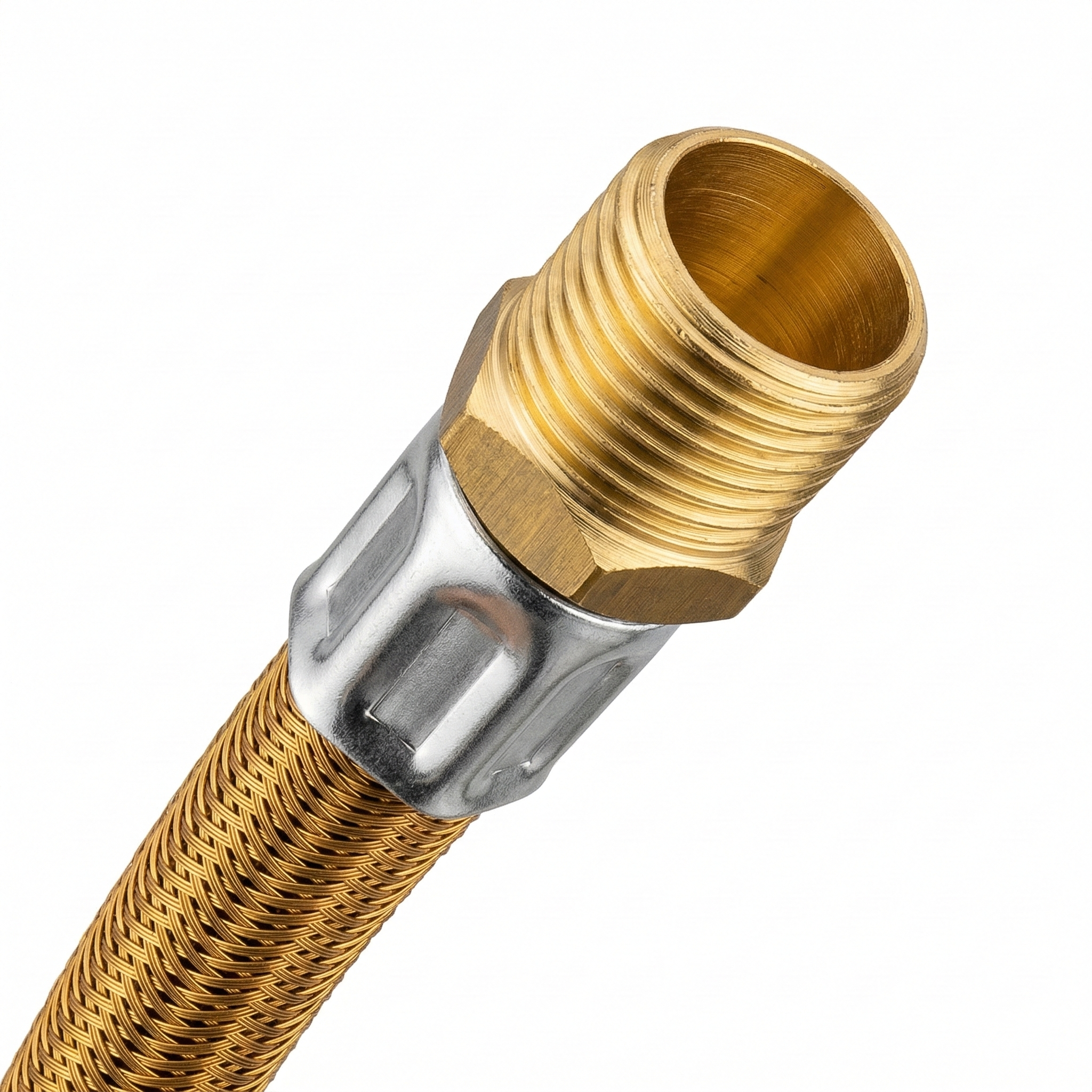 Ligação Flexível Metálica para Gás ROCO 1,5m - 1/2" Macho x 1/2" Fêmea em Tombak - Ref: 3077