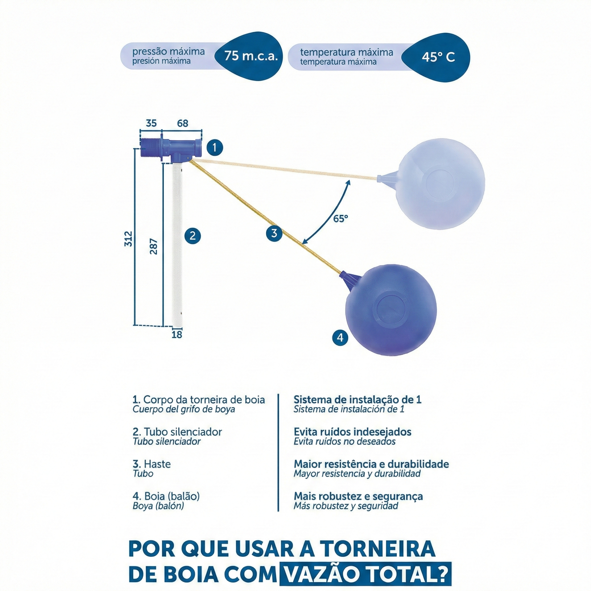 Torneira de Bóia para Caixa de Água Blukit Alta Vazão 1" (DN25) - Com Tubo Silenciador