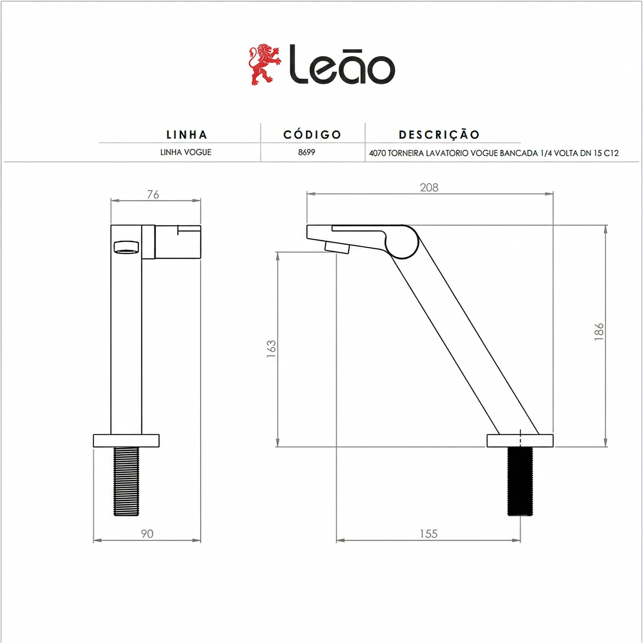 Torneira para Lavatório de Mesa Vogue 1/4 de Volta Cromada - Leão Metais