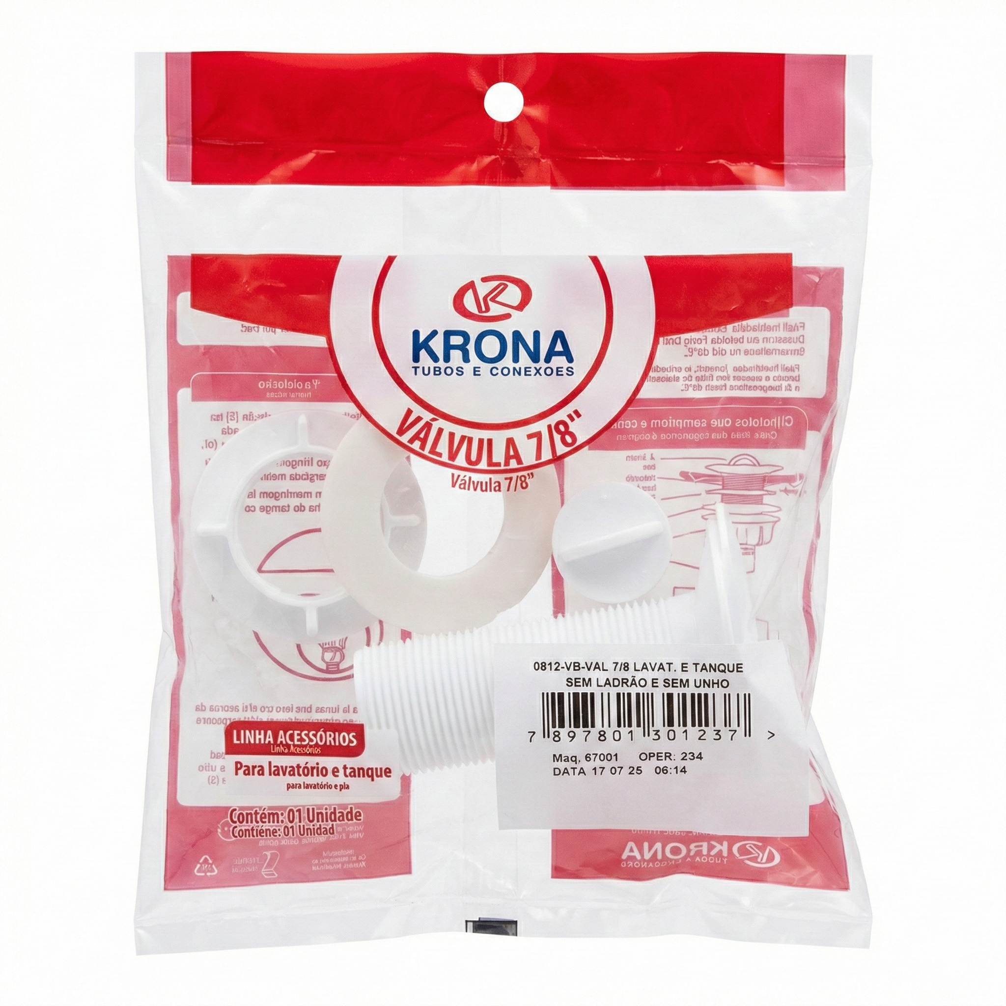 Válvula para Lavatório e Tanque PVC 7/8" Sem Ladrão Branca - Krona