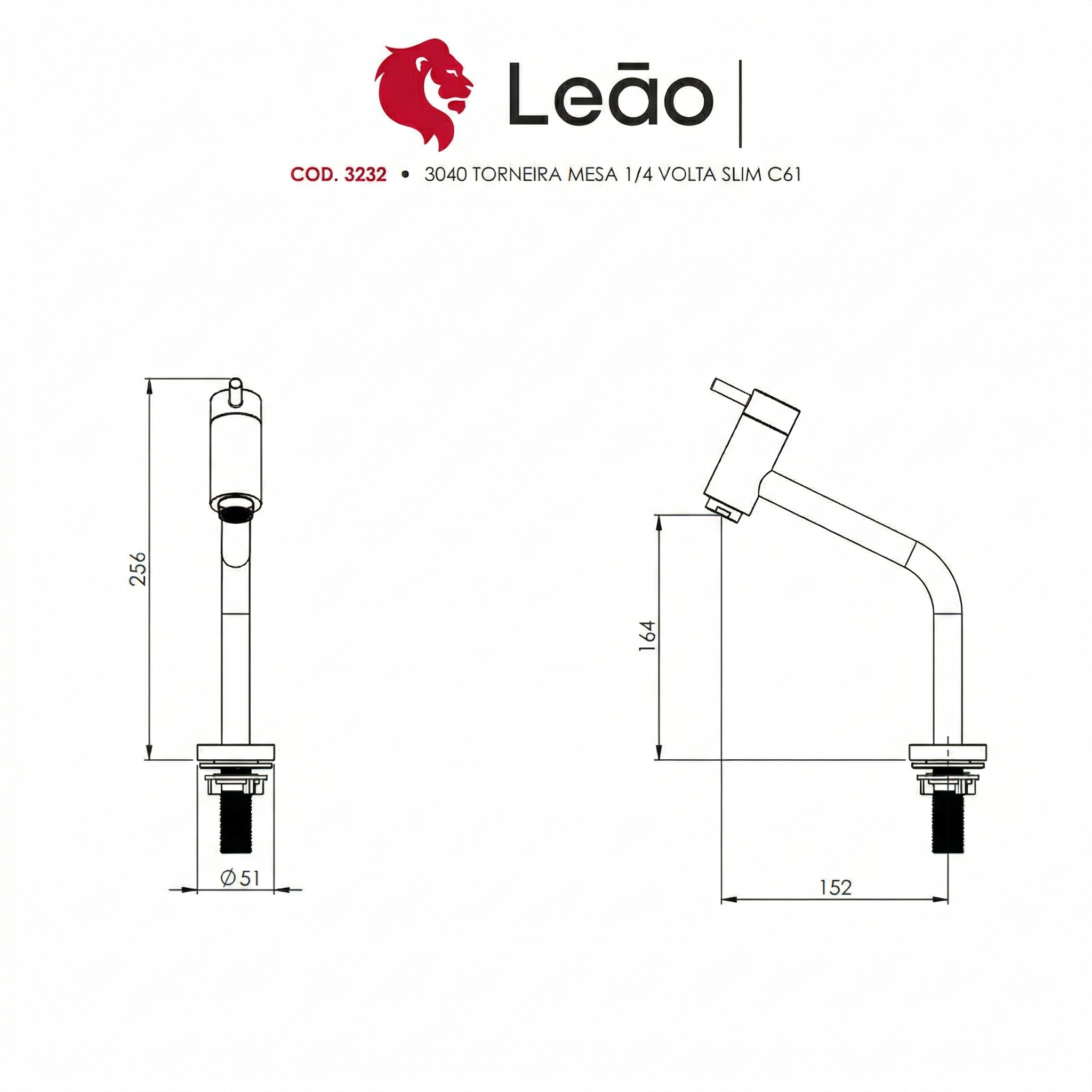 Torneira para Cozinha de Mesa Slim C61 1/4 de Volta Cromada - Leão Metais 3040