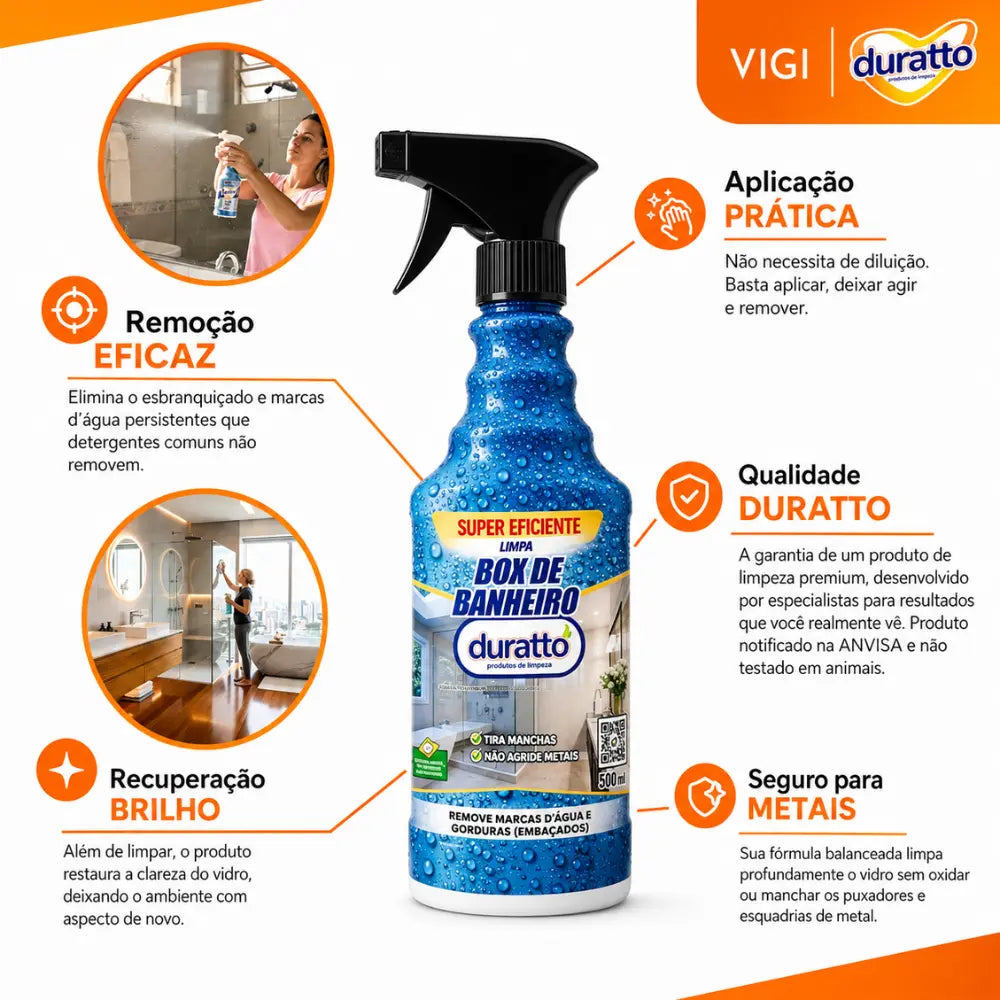 Limpa Box de Banheiro Duratto 500ml Removedor de Manchas e Vidros