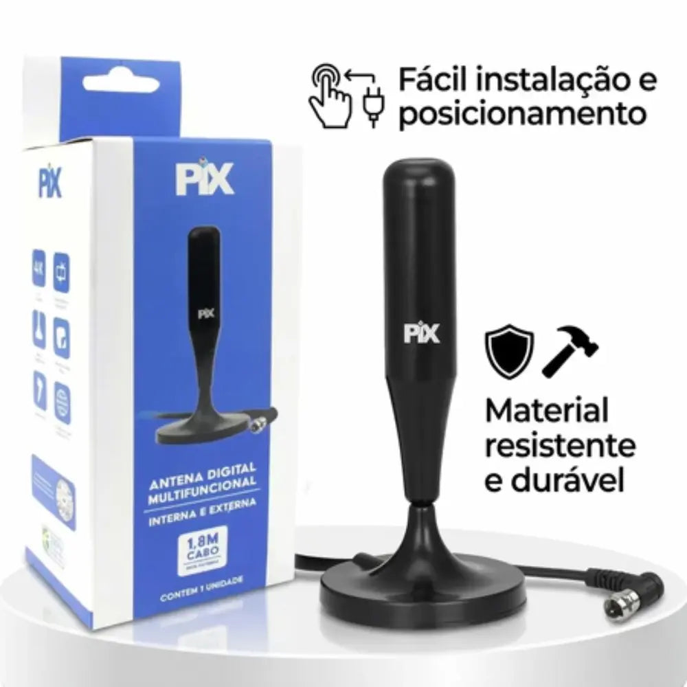 Antena Digital Interna PIX 9506 com Imã Cabo 1,80m HDTV UHF VHF