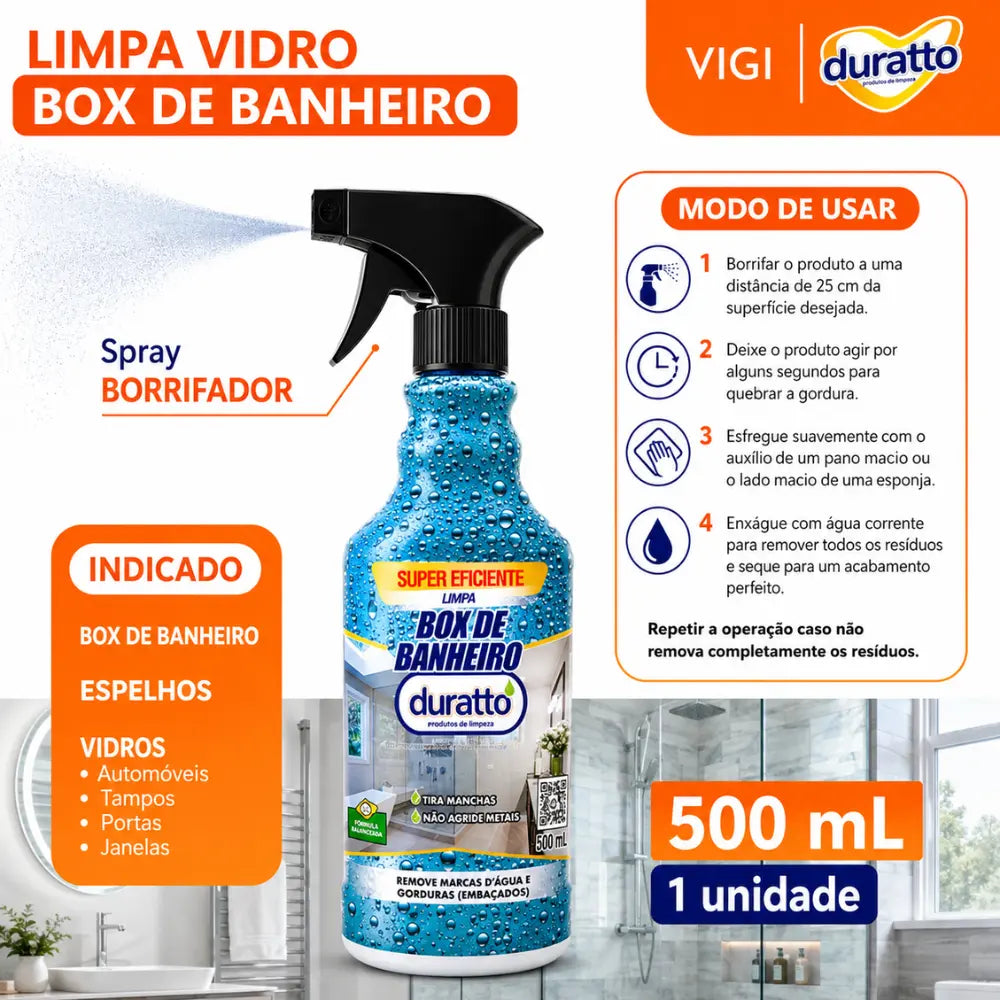 Limpa Box de Banheiro Duratto 500ml Removedor de Manchas e Vidros