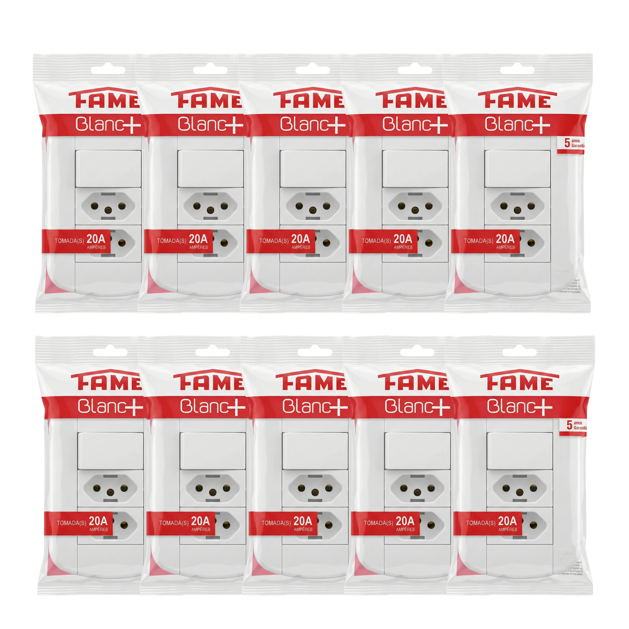 Conjunto 1 Interruptor Simples + 2 Tomadas 20A FAME Blanc+ 4x2 - Placa Branca Completa