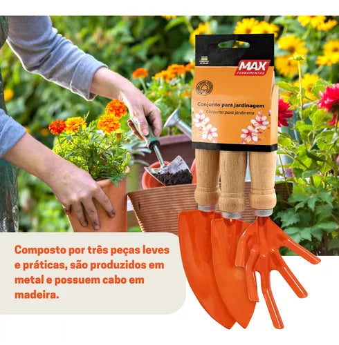 Kit Jardinagem E Horta Conjunto Max 3 Peças Cabo De Madeira