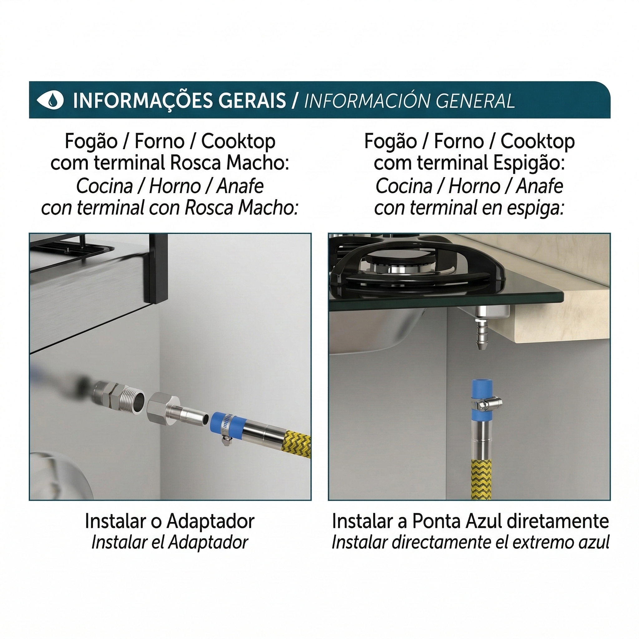 Kit de Instalação Blukit para Cooktop e Fogão 1,20m - Flexível Ponta Azul com Registro de Bloqueio Térmico