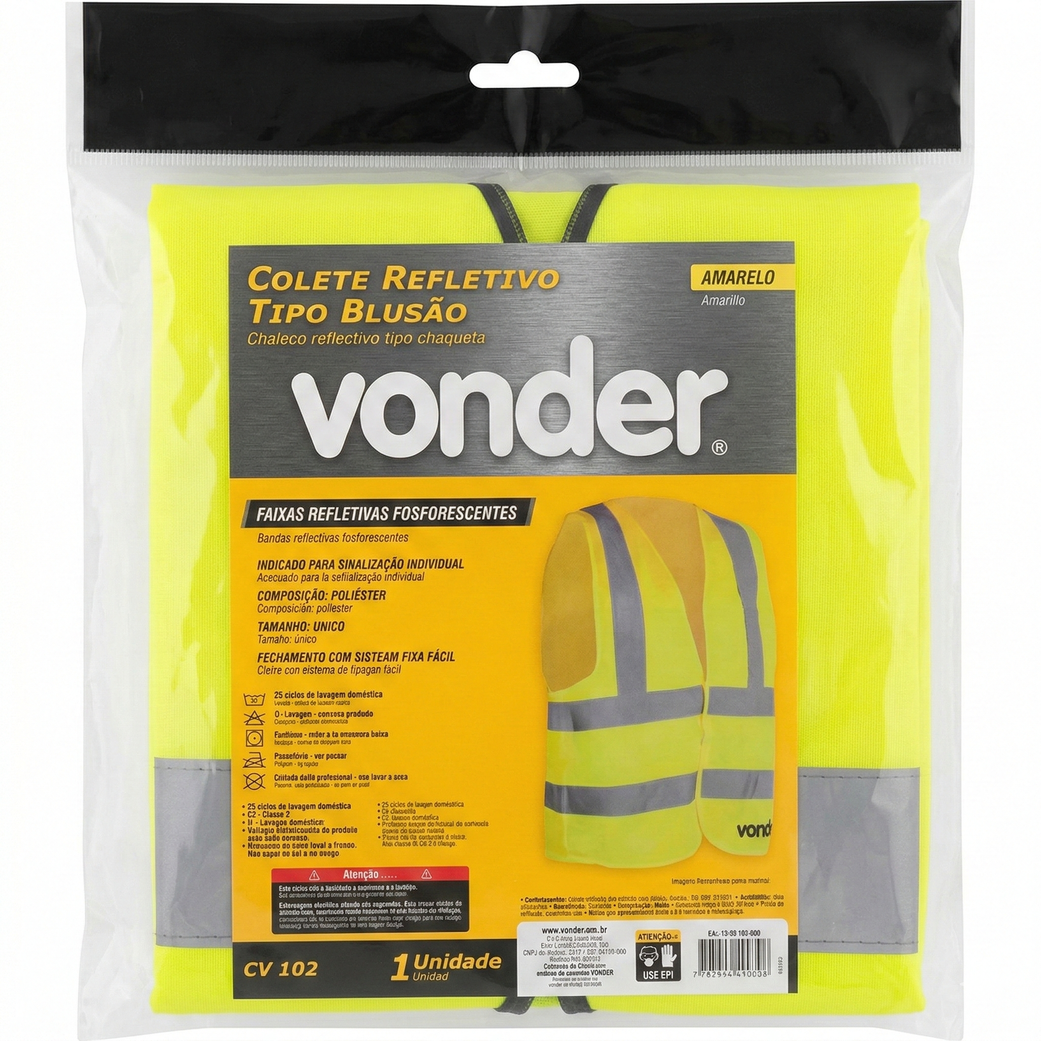 Colete Refletivo Amarelo Vonder CV 102 Tipo Blusão com Faixas Fosforescentes - Tamanho Único