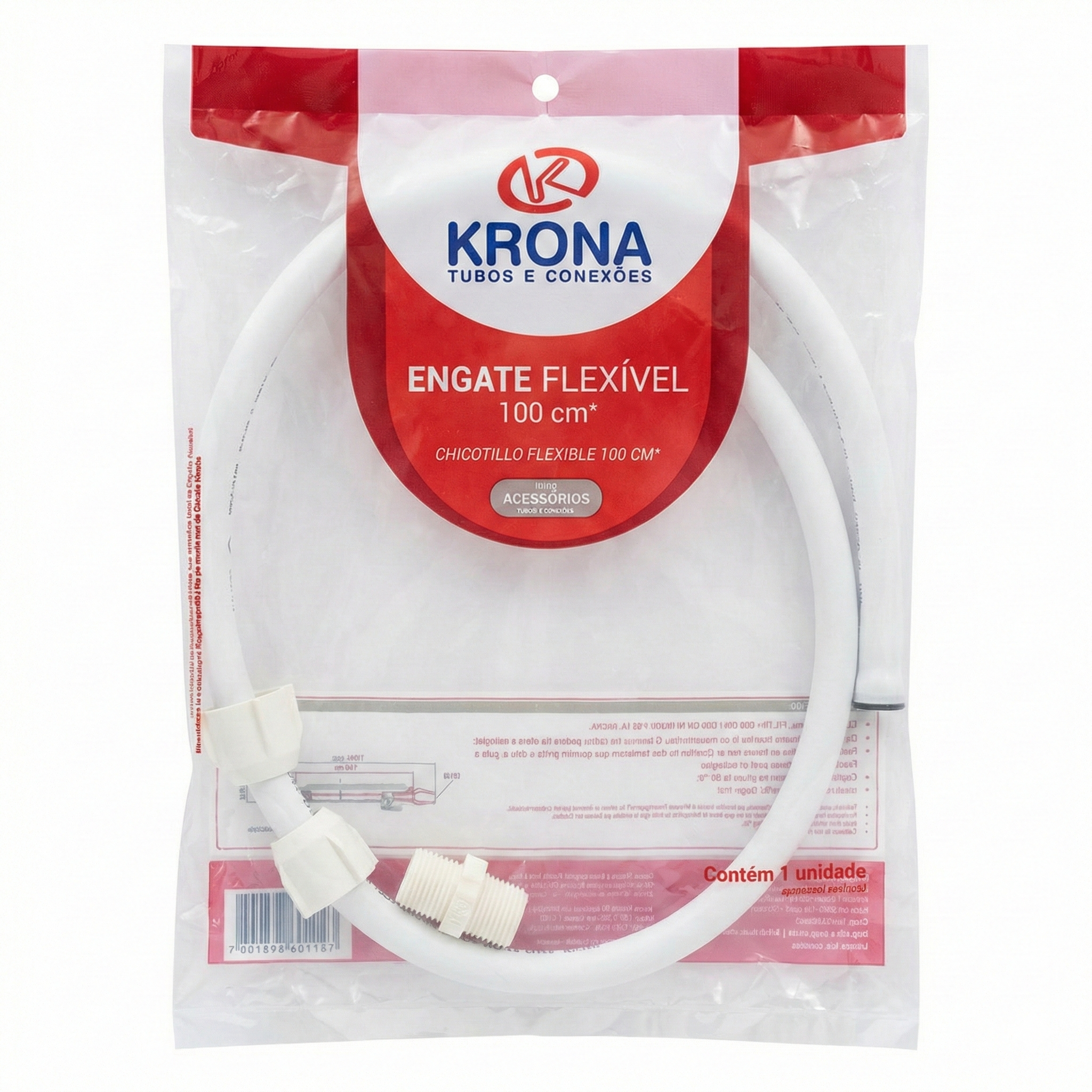 Engate Flexível PVC 1/2" Krona - Branco - Variações: 40cm, 50cm, 60cm e 1 Metro
