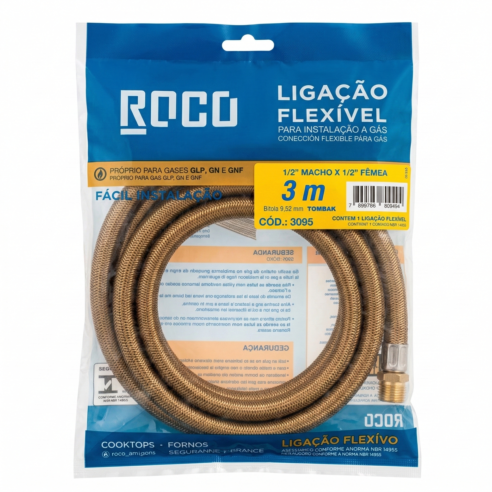 Ligação Flexível Metálica para Gás ROCO 3m - 1/2" Macho x 1/2" Fêmea em Tombak - Ref: 3095