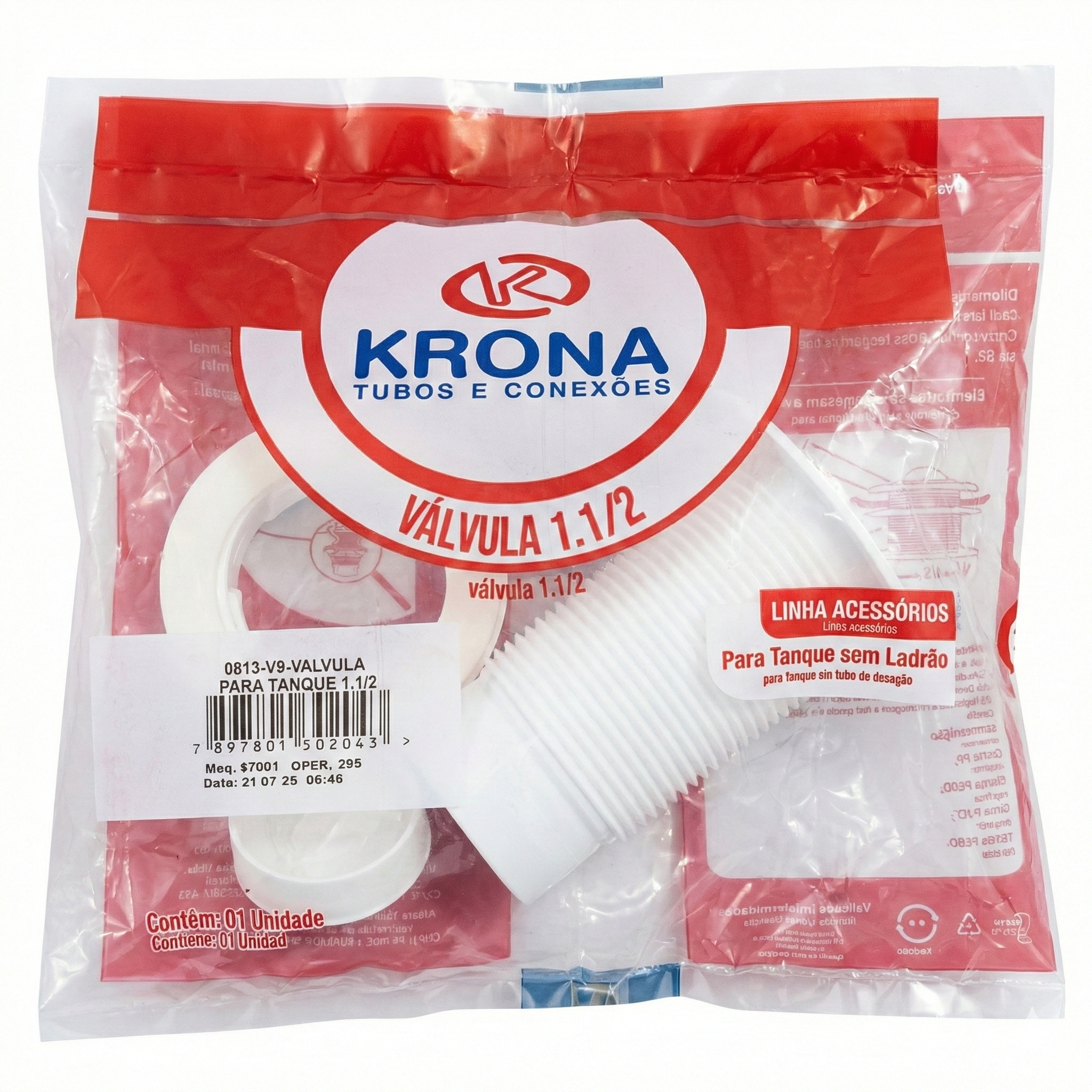 Válvula para Tanque PVC 1.1/2" Sem Ladrão Branca - Krona