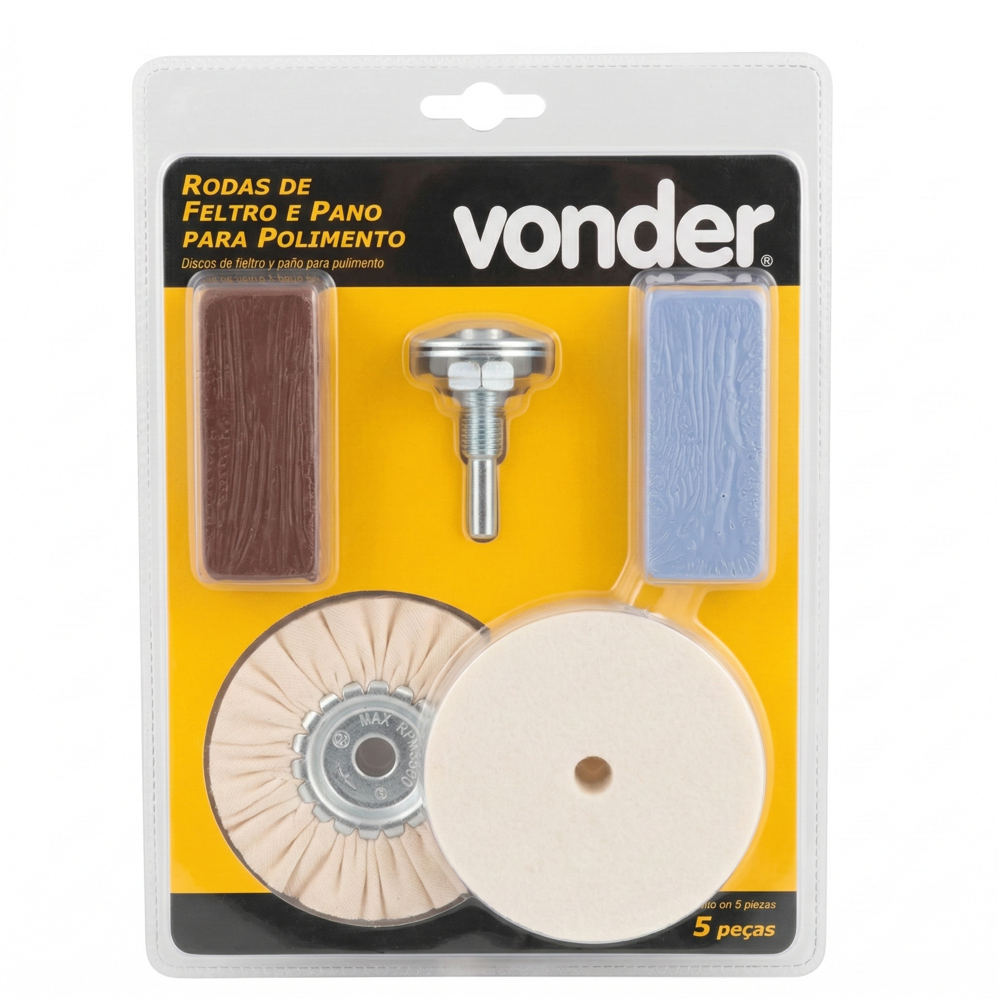 Kit de Polimento Vonder 5 Peças com Rodas de Feltro, Pano e Pastas - Adaptador 6 mm para Furadeira