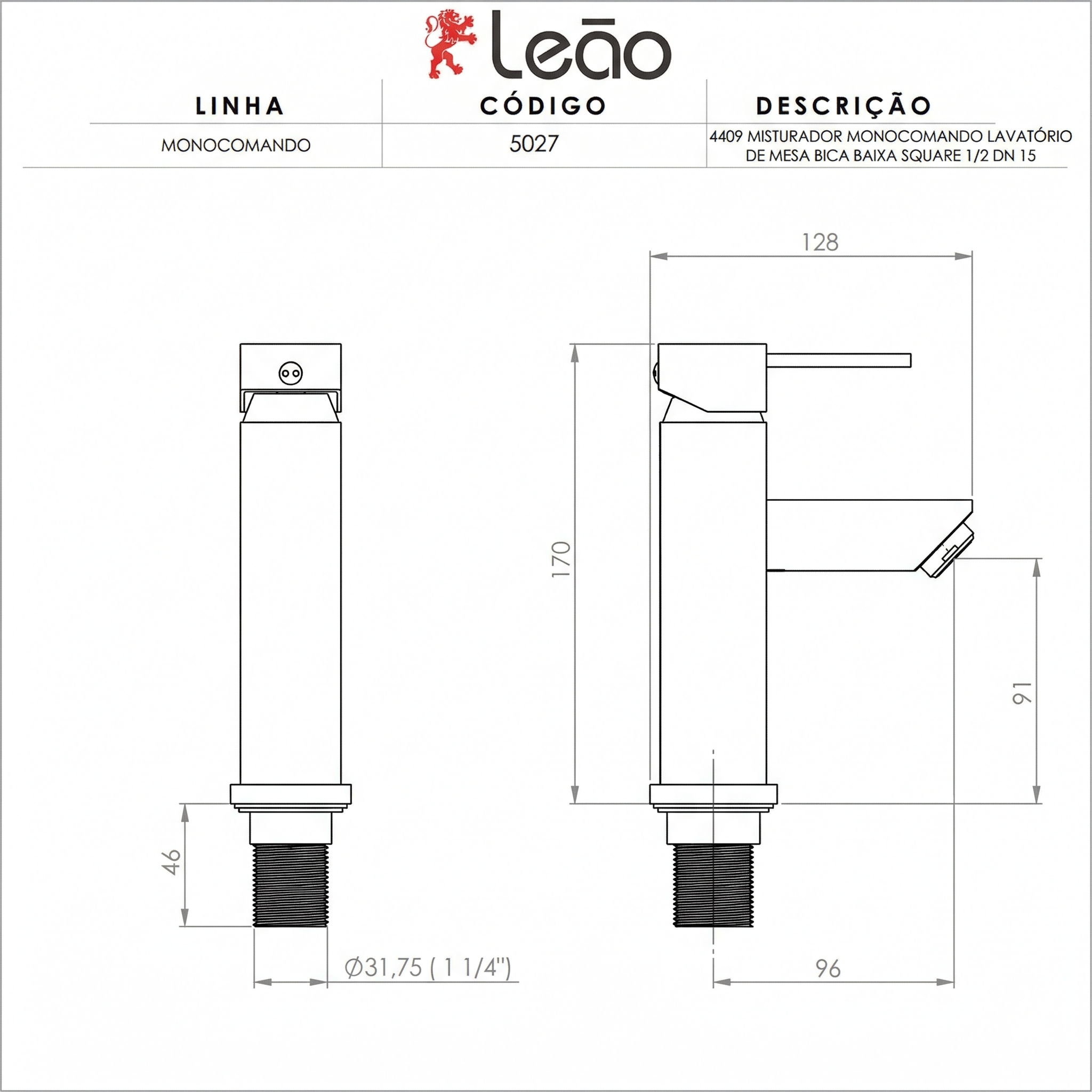 Misturador Monocomando de Mesa para Lavatório Leão Square Bica Baixa Cromado