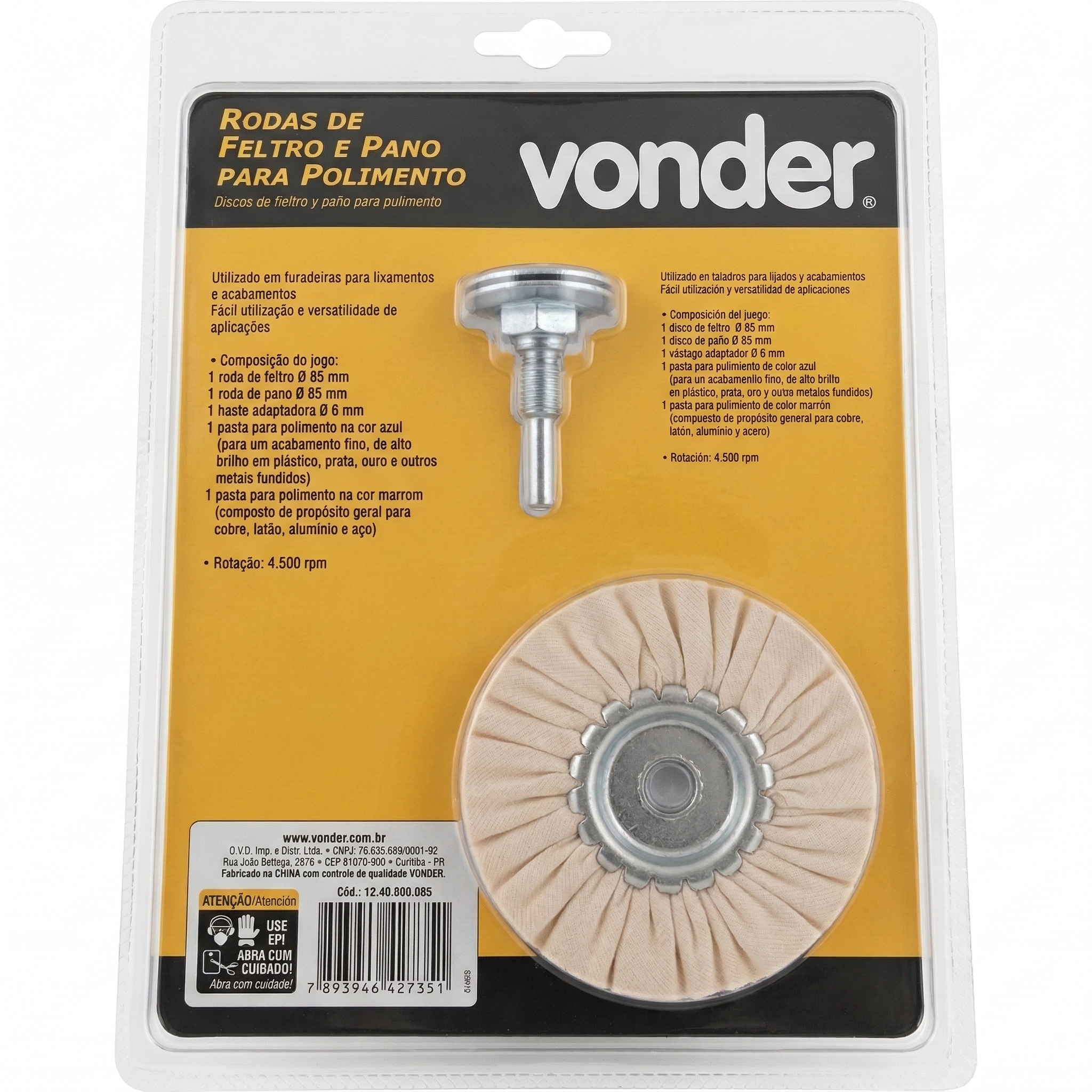 Kit de Polimento Vonder 5 Peças com Rodas de Feltro, Pano e Pastas - Adaptador 6 mm para Furadeira