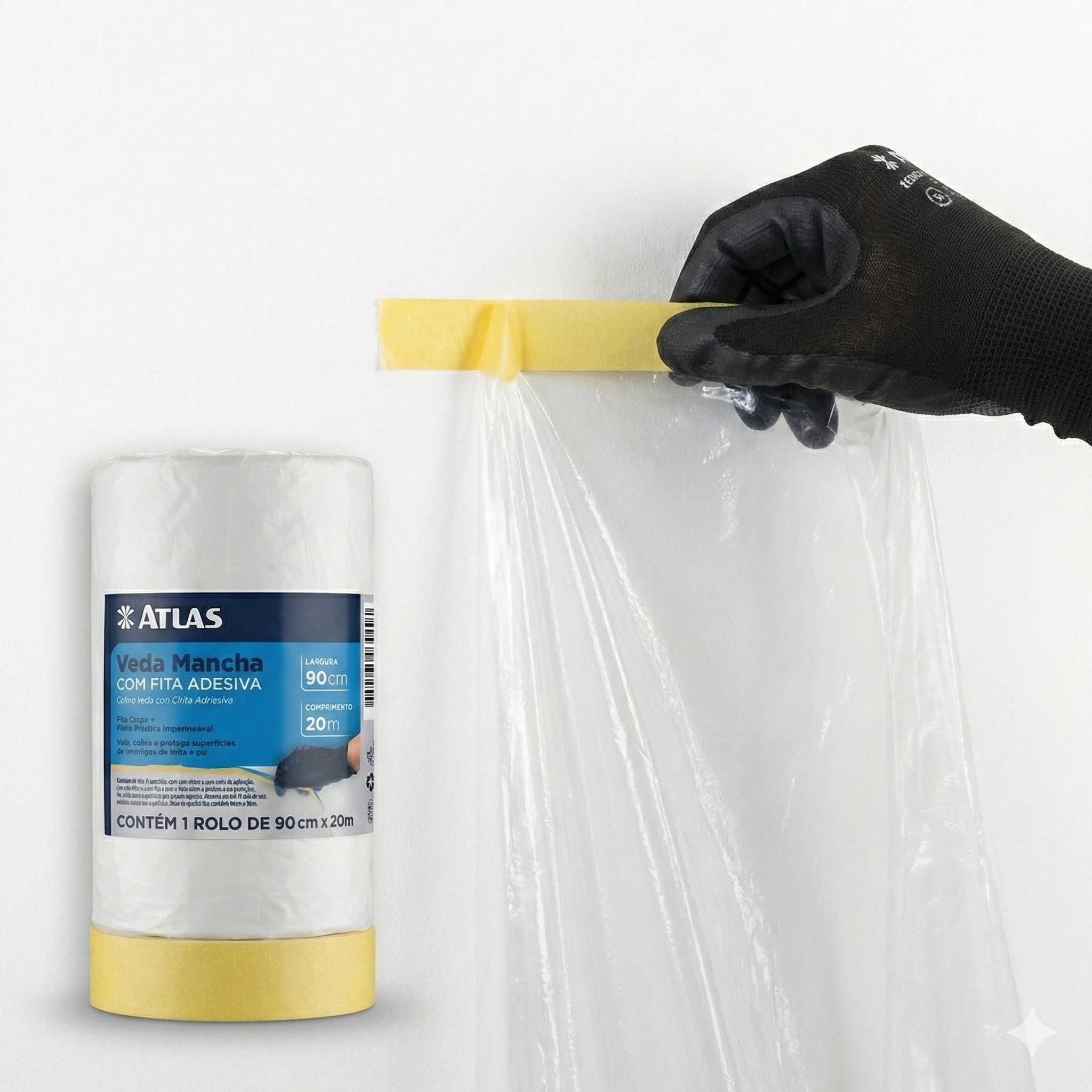Veda Mancha Atlas 90cm x 20m com Fita Crepe - Filme Plástico Eletrostático para Proteção em Pintura