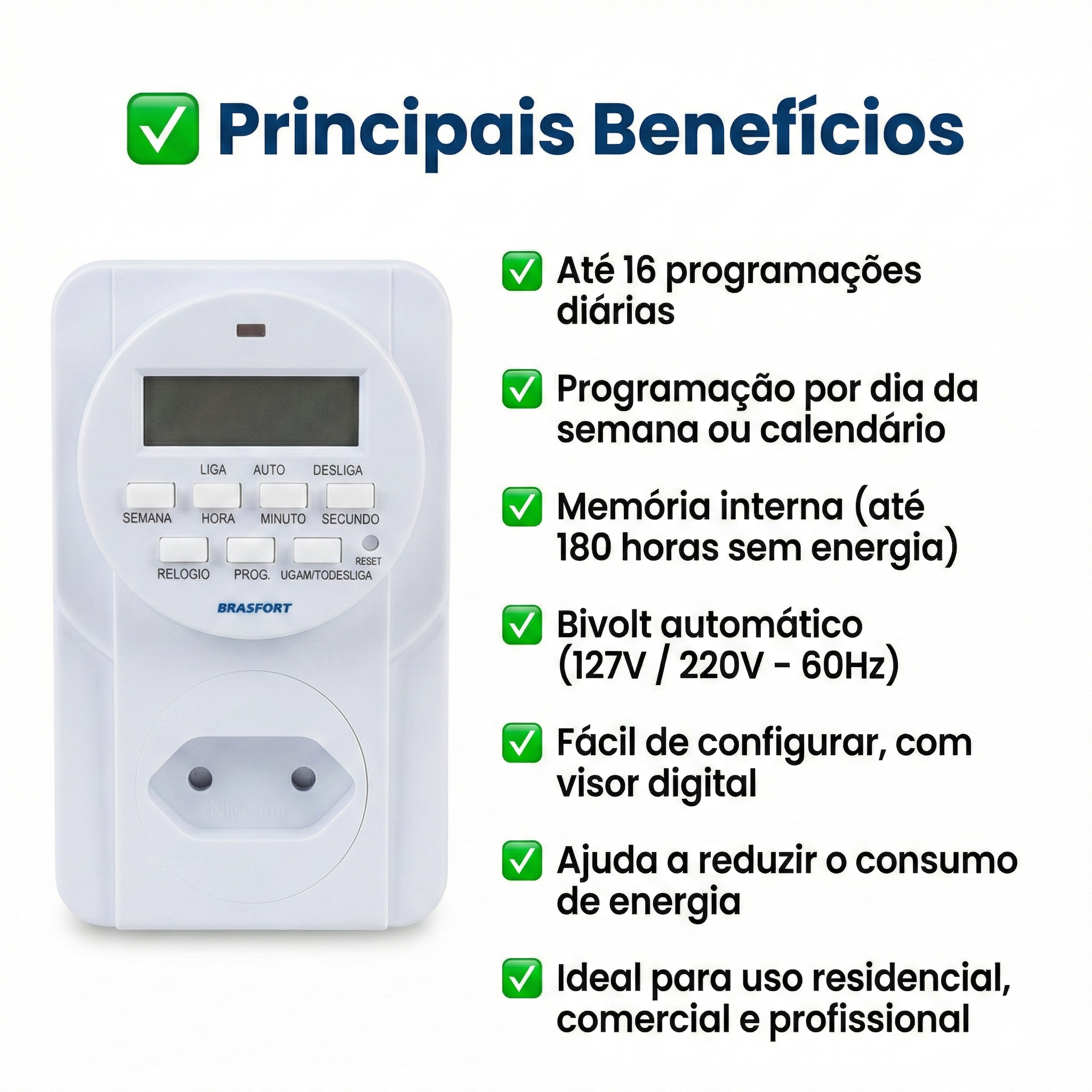 Timer Digital Brasfort Bivolt 8771 – Programador de Tomada com 16 Programações Automáticas
