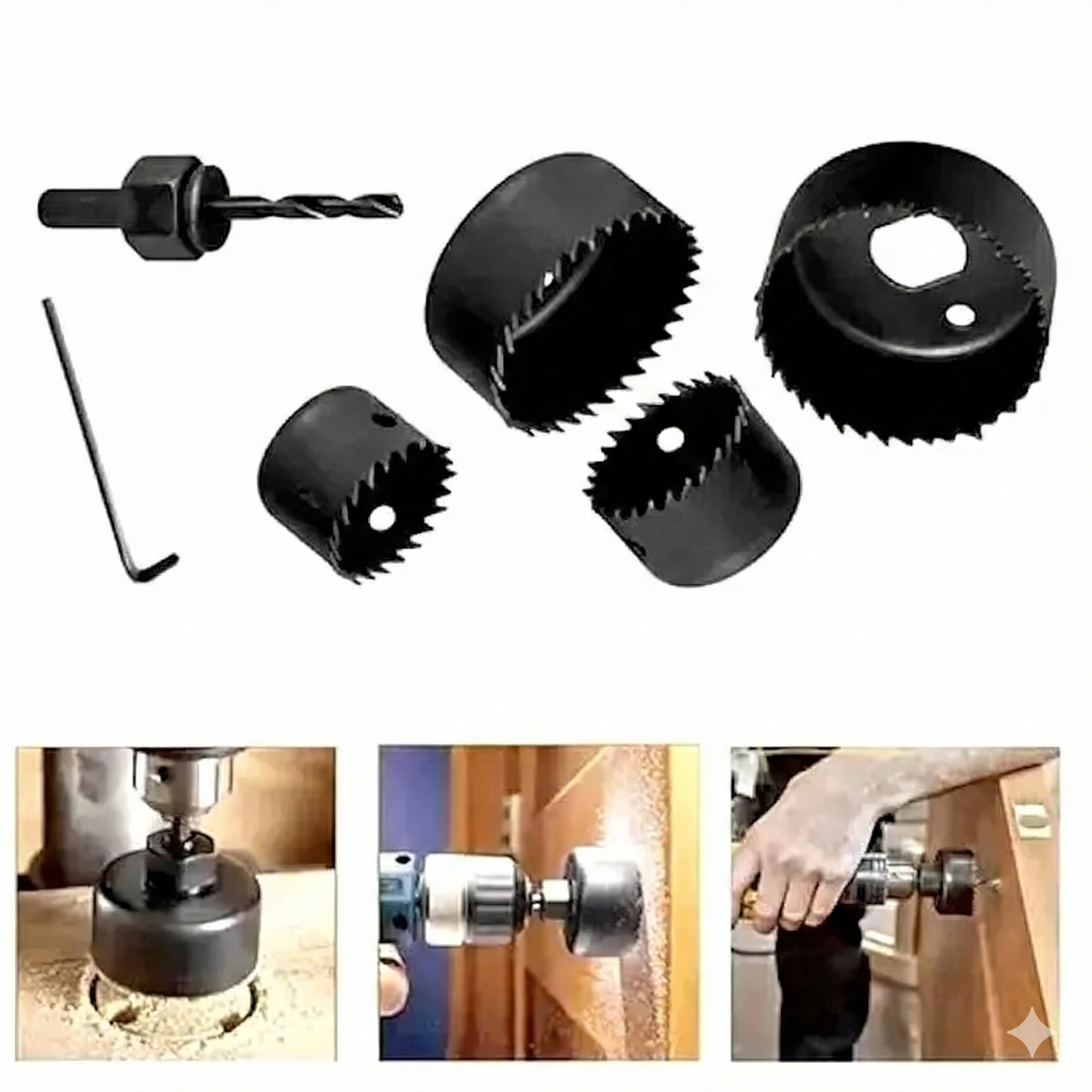 Kit Serra Copo para Madeira 5 Peças Worker - Diâmetros 32mm, 38mm, 51mm e 54mm com Adaptador e Broca Piloto