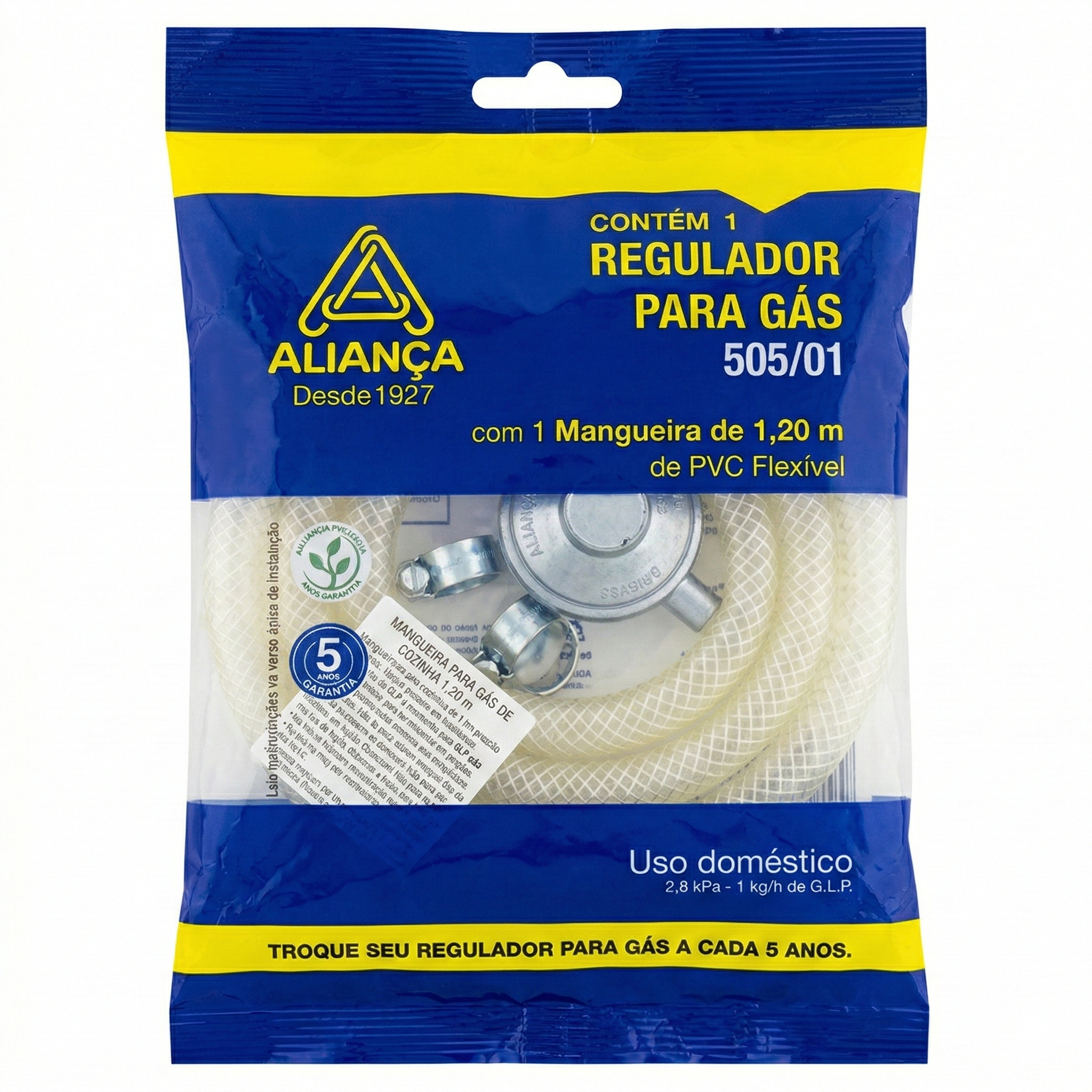 Kit Regulador de Gás Aliança GLP 1kg/h com Mangueira 1,20m e Abraçadeiras - Linha 504/01 e 505/01