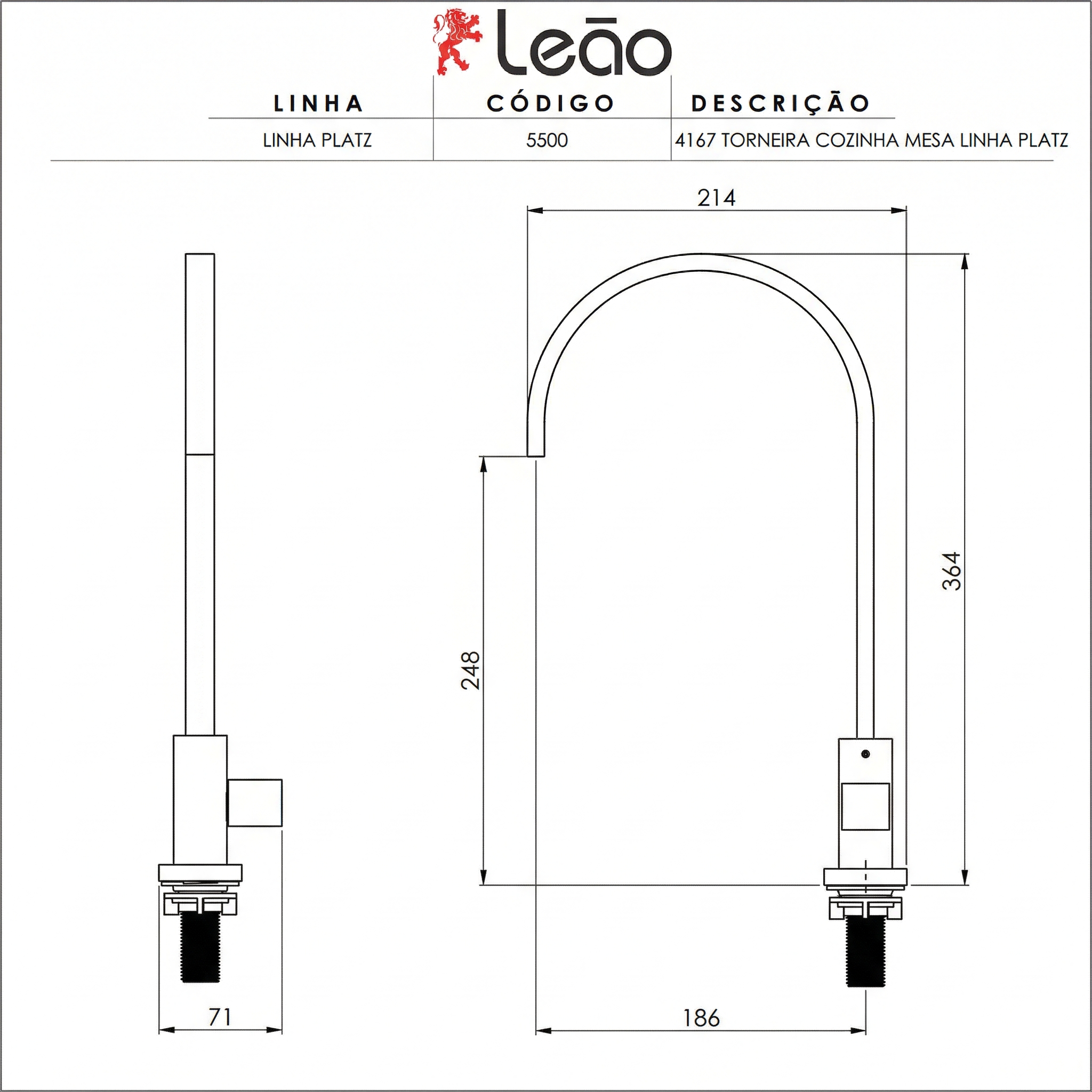 Torneira para Cozinha de Mesa Bica Alta Tubo Quadrado 1/4 de Volta Linha Platz Cromada