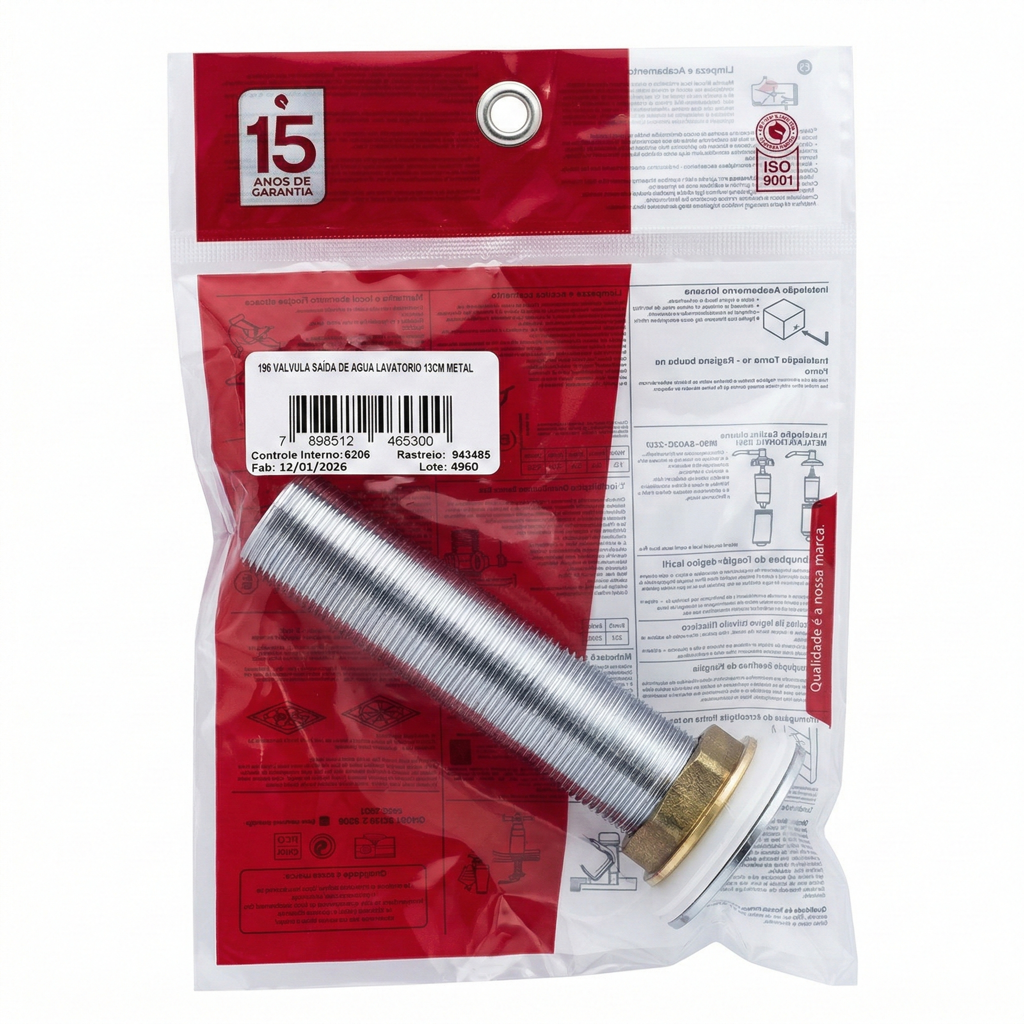 Válvula de Escoamento para Lavatório 13cm em Metal Cromado - Leão Metais (Ref. 1606)