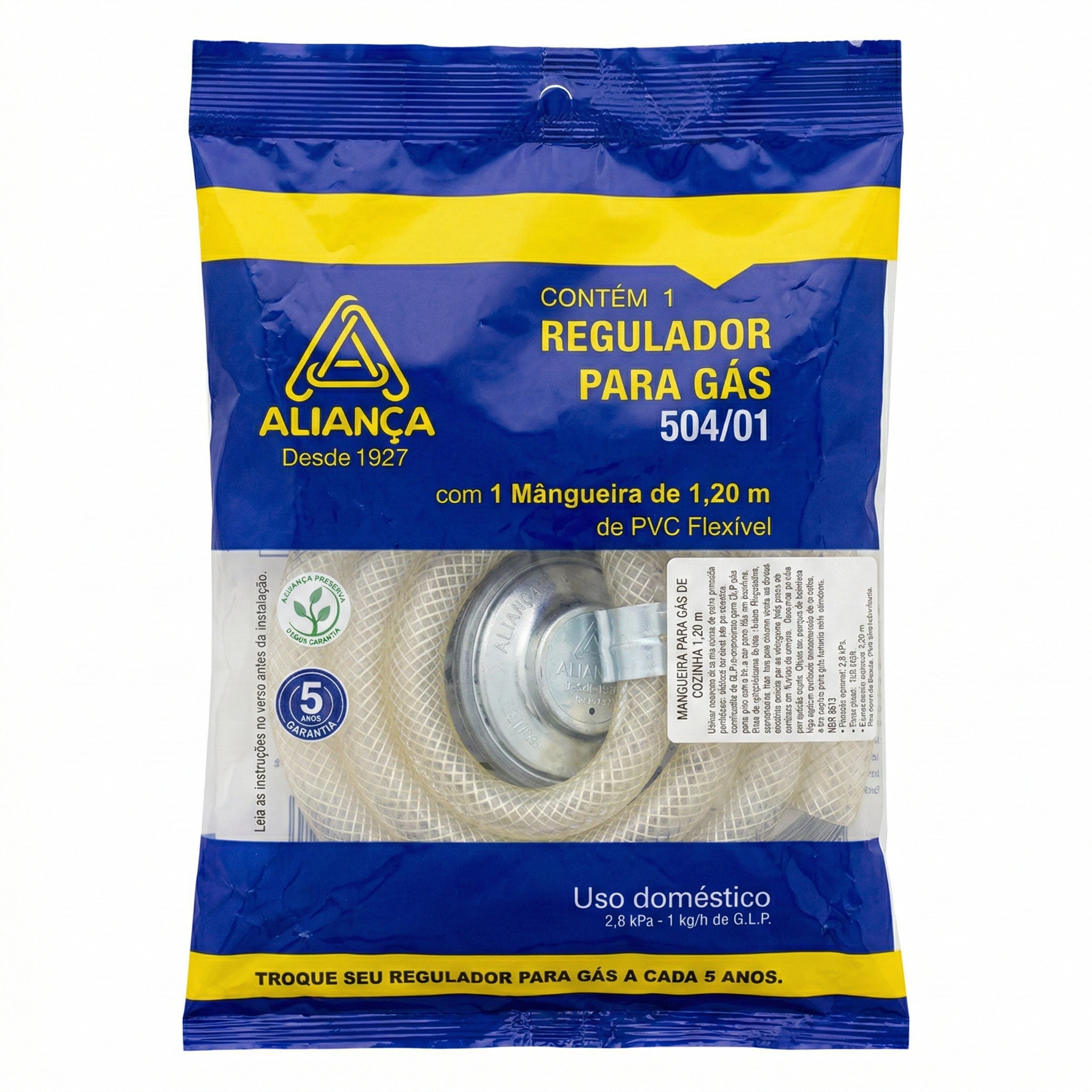 Kit Regulador de Gás Aliança GLP 1kg/h com Mangueira 1,20m e Abraçadeiras - Linha 504/01 e 505/01